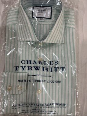 Charles Tyrwhitt Mint Green & White Striped Dress Shirt 15/34 Extra Slim Fit NWT